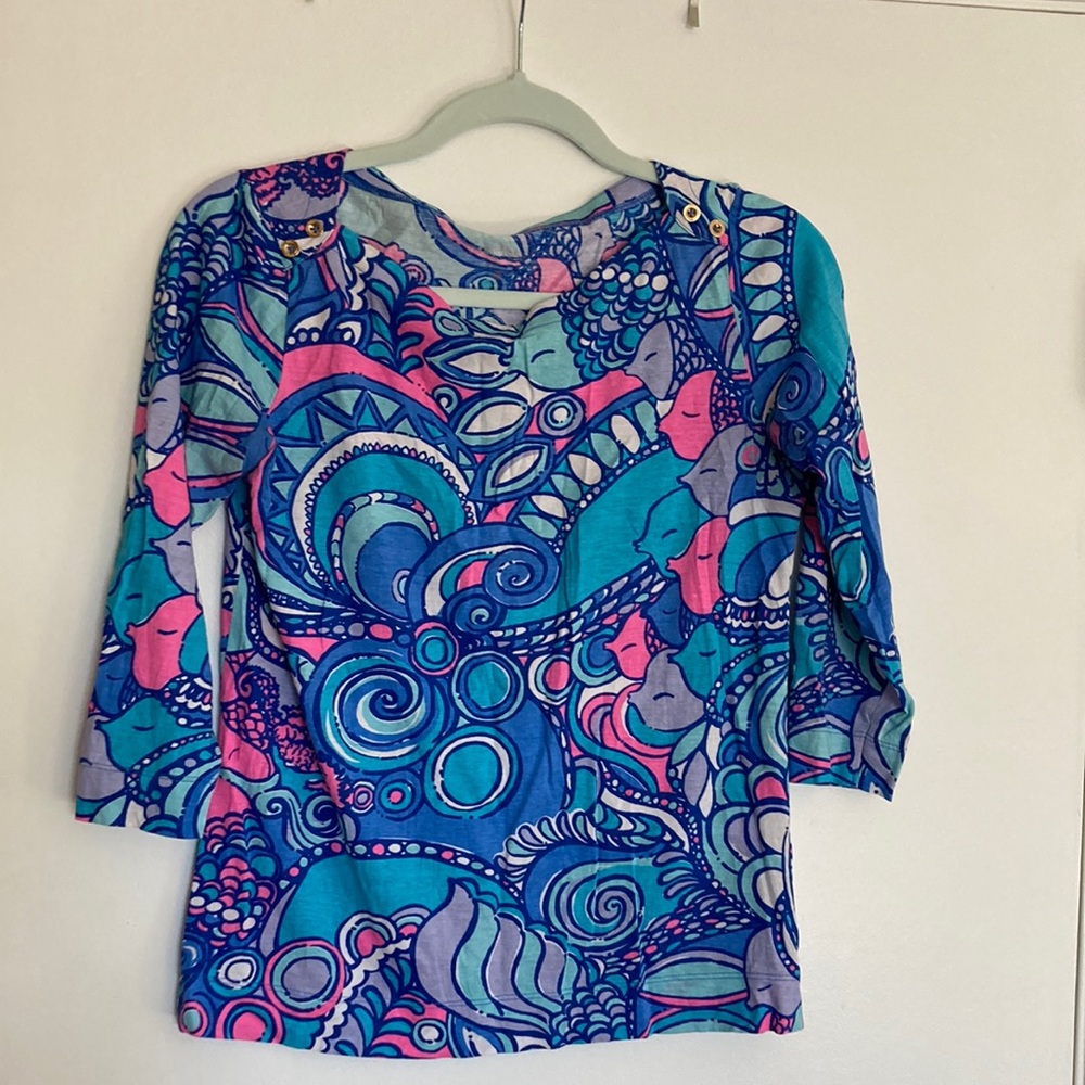 Lilly Pulitzer Fish Blue Pink Alida Top Shirt Sea Jewels Boatneck Small